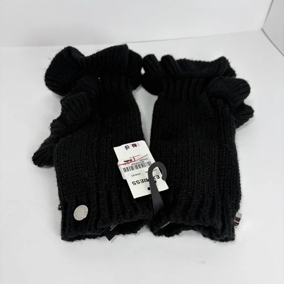 Express Black Ribbed Fingerless Gloves Ruffle Detail NWT - Picture 1 of 5